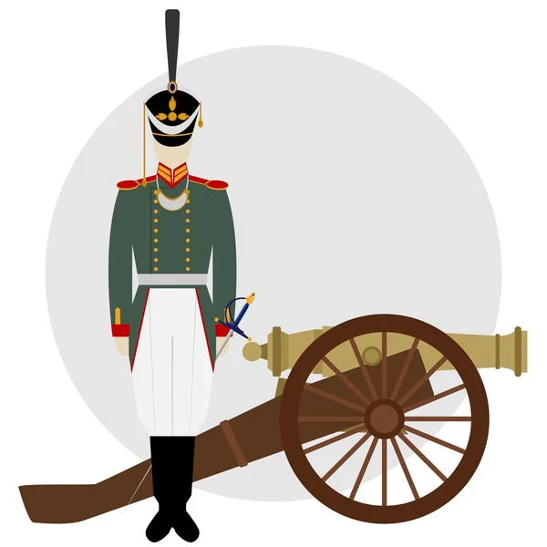 Artillero. Soldado en uniforme de artillería cerca del cañón viejo . — Vector de stock