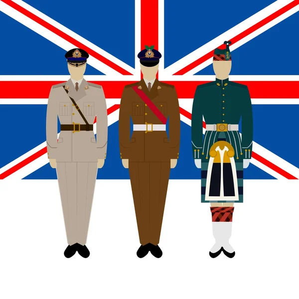 Bandera de Gran Bretaña y soldados en uniforme del Ejército Británico-3 — Archivo Imágenes Vectoriales