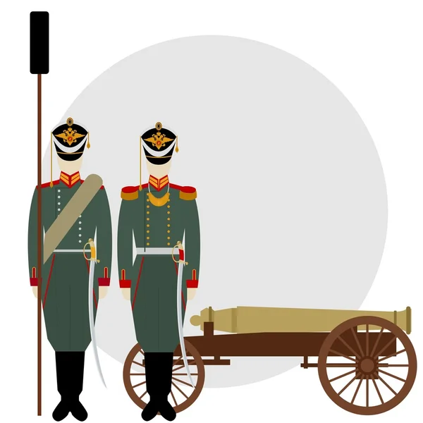 Artillero. Soldado en uniforme de artillería cerca del cañón viejo . — Archivo Imágenes Vectoriales