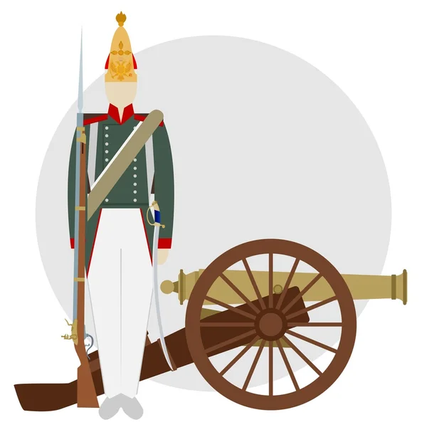 Artilleryman. Soldier in uniform of an artillery near the old gun. — Stock Vector