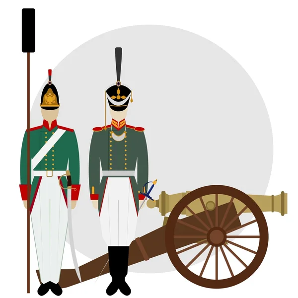 Artilleriegeschütze. Soldat in Uniform einer Artillerie in der Nähe des alten Gewehrs. — Stockvektor