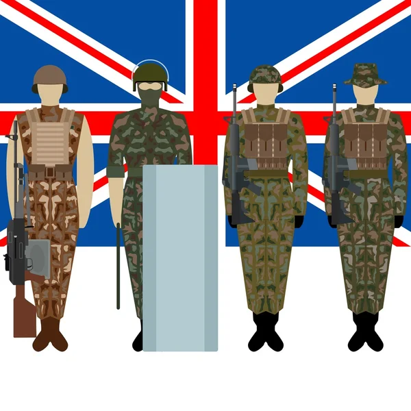 Bandeira da Grã-Bretanha e soldados no uniforme do Exército Britânico —  Vetores de Stock