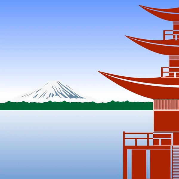 Arquitectura japonesa con el telón de fondo del monte Fuji . — Vector de stock