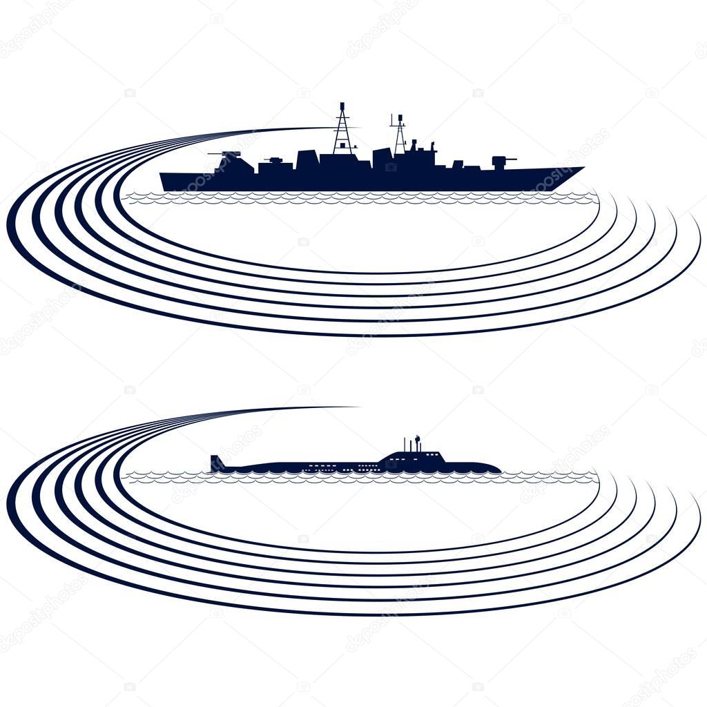 The contour of the warship and submarine