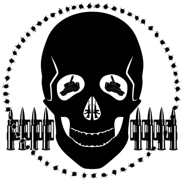 轮廓的人类头骨和军事装备在背景上的弹孔 图库插图