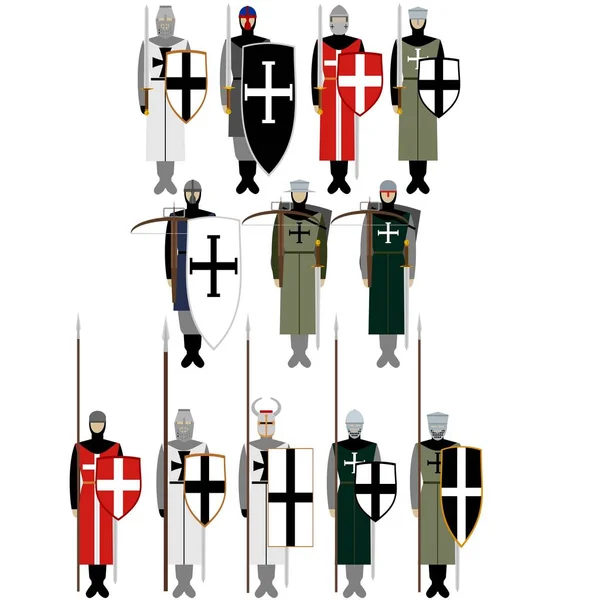 Chevaliers médiévaux, armes, uniformes et signes et symboles joutes — Image vectorielle