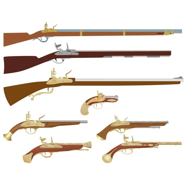 Antieke vuurwapens, musketten en pistolen — Stockvector