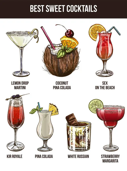 Set di sette cocktail estivi — Vettoriale Stock