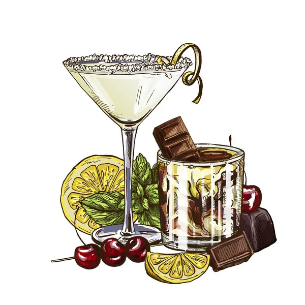 Limón martini gota y cócteles rusos blancos — Vector de stock