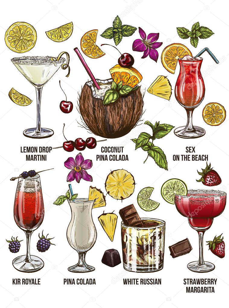 Set of seven summer cocktails with decorative elements