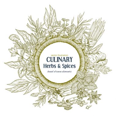 Mutfak otlar ve baharatlar ile çevrili yuvarlak ip çerçeve