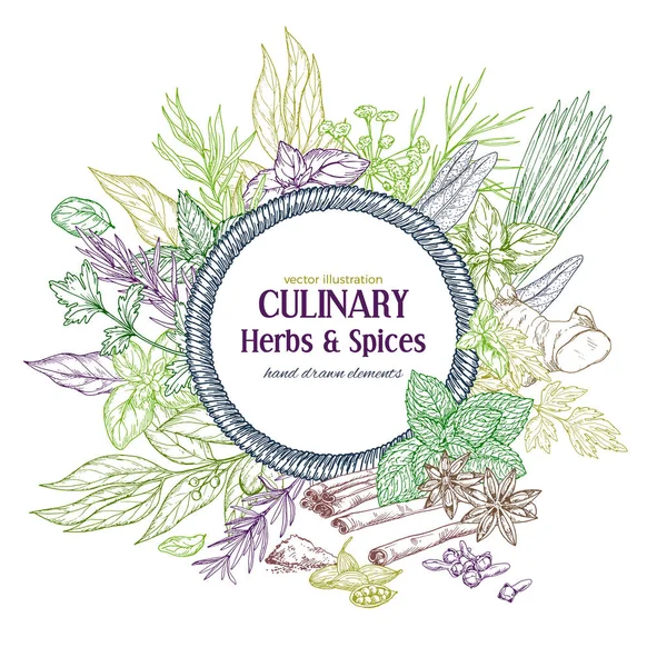 Renkli kroki otlar ve baharatlar ile çevrili yuvarlak ip afiş