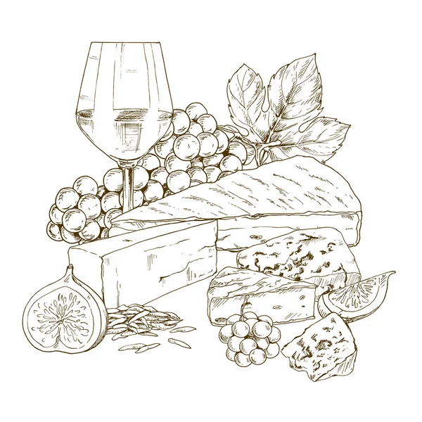 Mucchio di formaggio trafilato a mano con bicchiere di vino, uva e fico. Illustrazione disegnata a mano vettoriale . — Vettoriale Stock