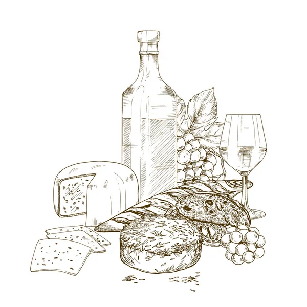 Högen av handen ritade ost med vin flaska, glas av vin och druvmust — Stock vektor