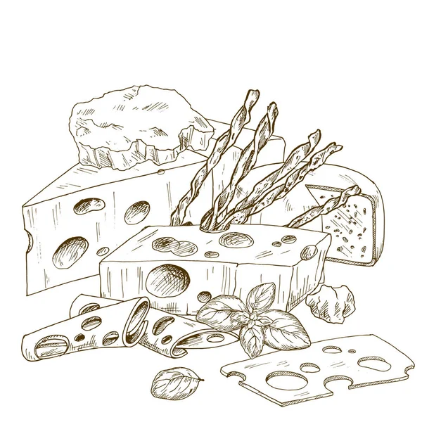 Куча сыра ручной работы с хлебными палочками . — стоковый вектор