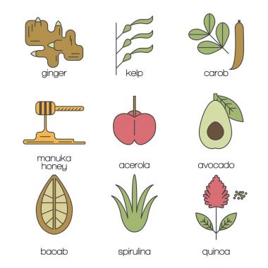 Superfood renkli simgeler kümesi.
