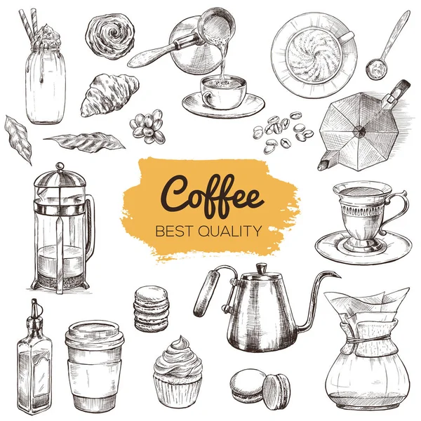 コーヒー。手描きの要素のセット — ストックベクタ