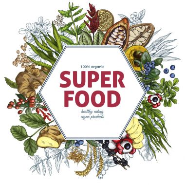 Superfood altıgen afiş, tam renkli gerçekçi sketch vektör