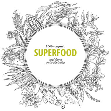 Superfood afiş yuvarlak, vektör kroki