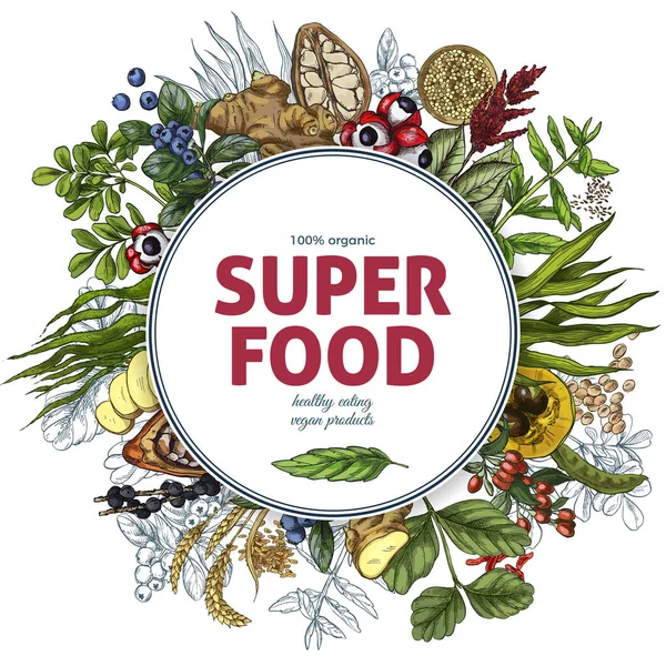 Banner redondo Superfood, boceto realista a todo color — Vector de stock