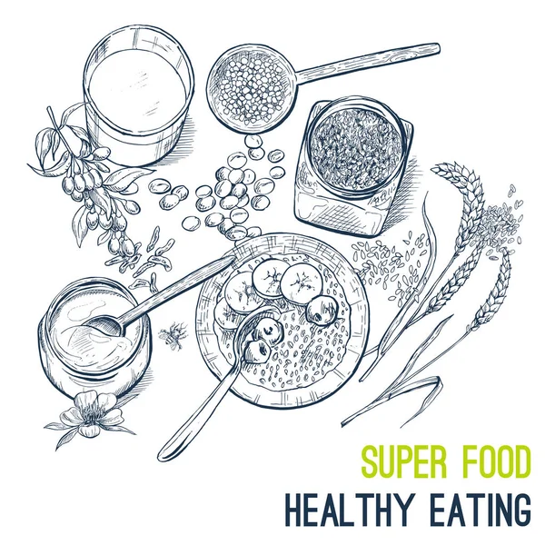 Superfood poster, gambar tangan vektor sketsa - Stok Vektor