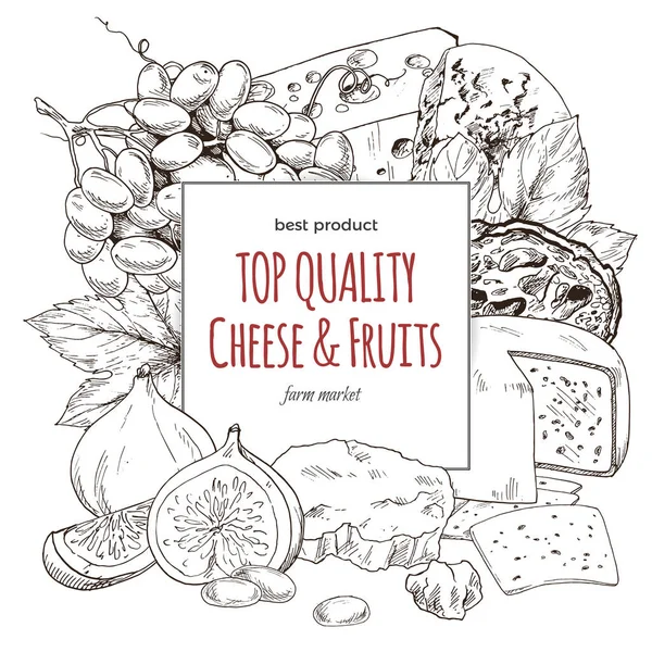 Banner de queijo, esboço vetorial desenhado à mão — Vetor de Stock