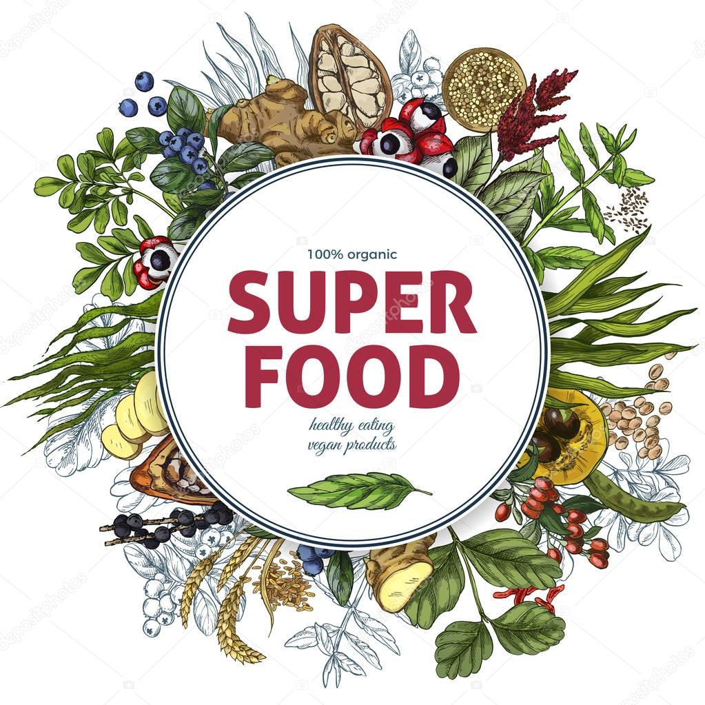 Superfood round banner, full color realistic sketch