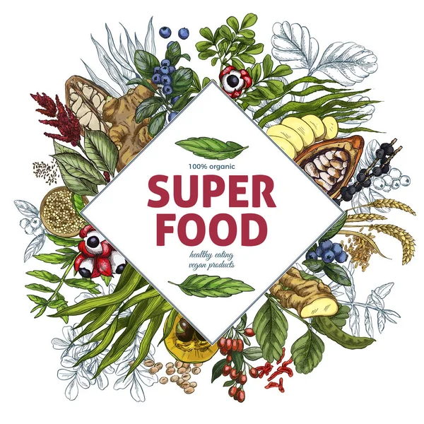 Superfood rhombus banner, full color realistic sketch — Stock Vector