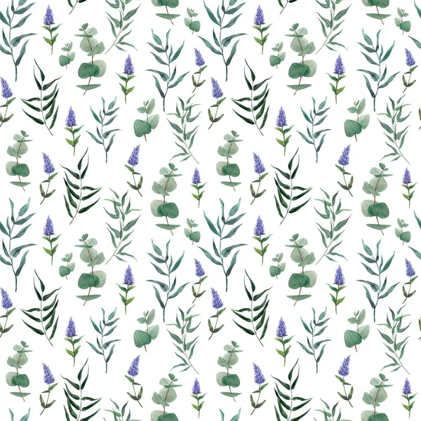 Watercolor seamless pattern, hand drawn illustration. Greenery and leaves — Stock Photo, Image