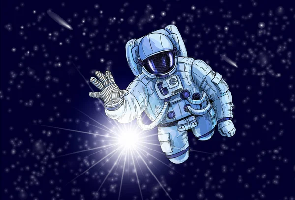 Astronaut in open space stretching to the star — Stock Vector