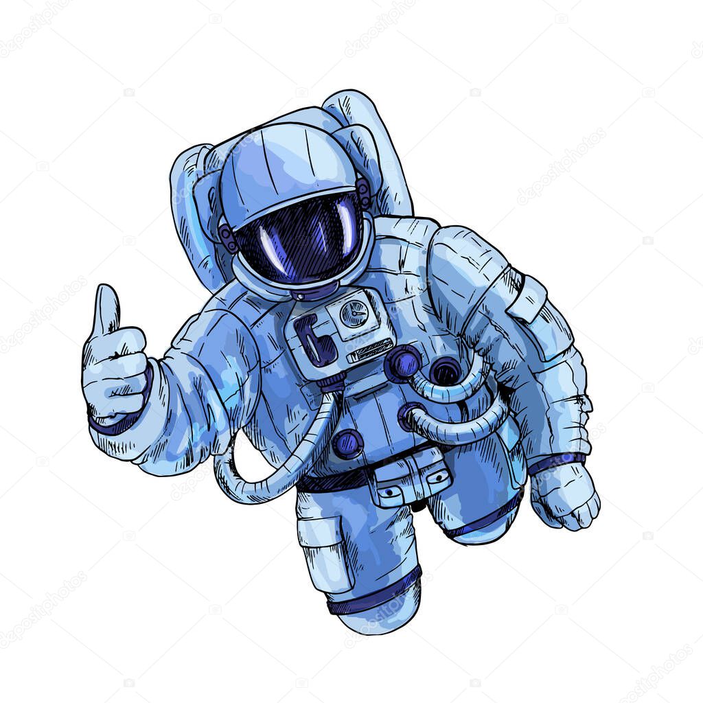 Astronaut in blue space suit with one hand