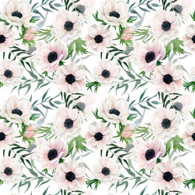 Suluboya kusursuz desen, elle çizilmiş illüstrasyon. Anemonlar ve yeşillik