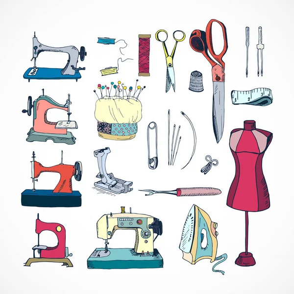 Kit de herramientas de costura, vector dibujado a mano de color — Vector de stock