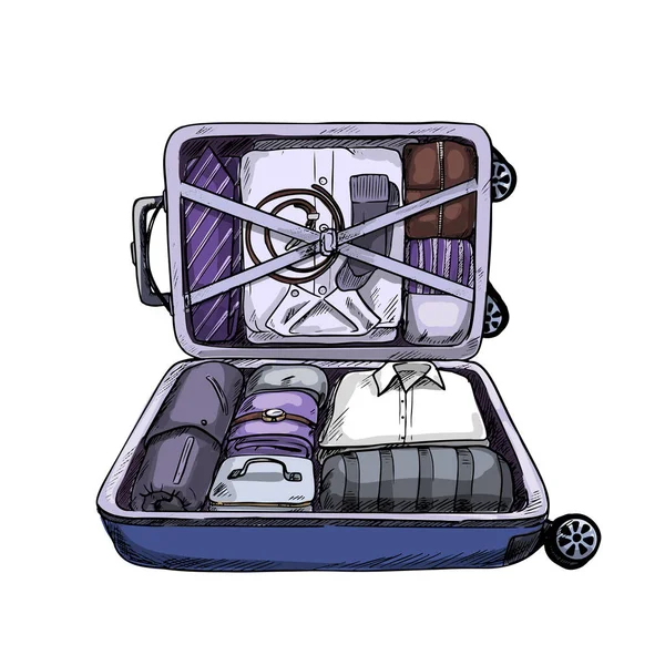 Аккуратно открытый бизнес-чемодан, готовый к путешествию — стоковый вектор