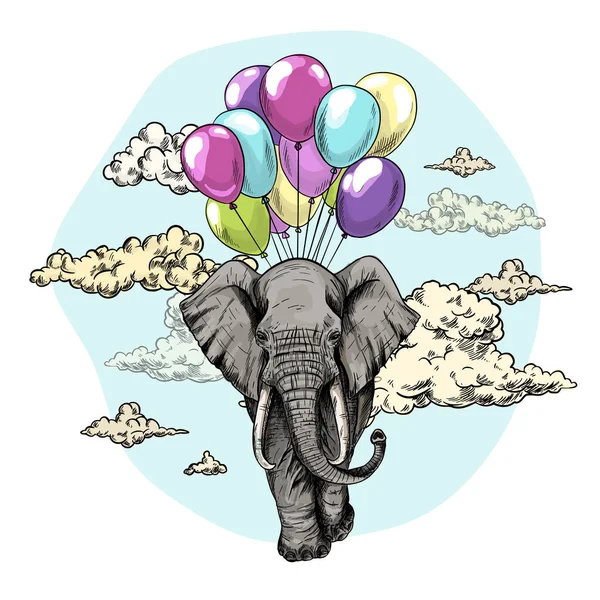 Gökyüzünde balonlarla uçan fil. — Stok Vektör
