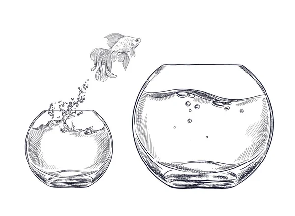 Small goldfish jumping from one fishbowl to other — Stock Vector