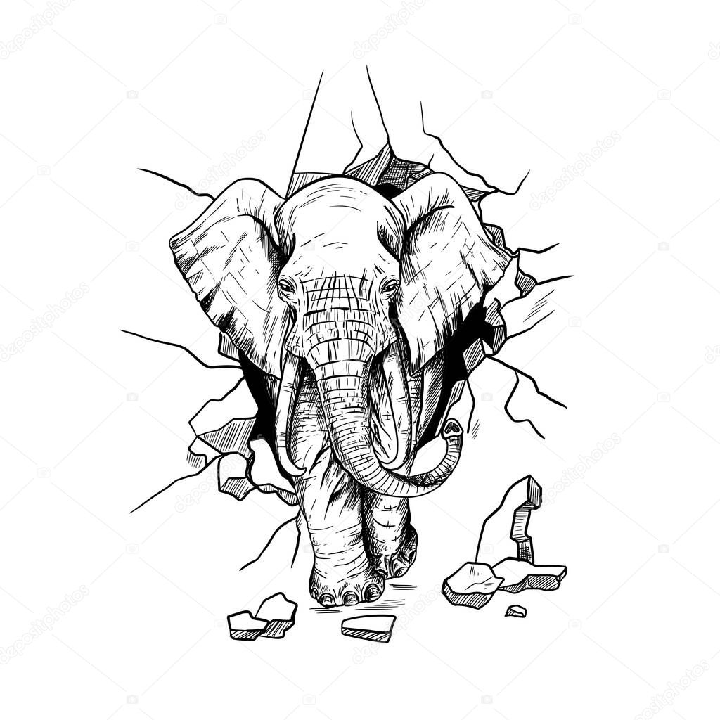 Furious elephant, crushing the wall, going through