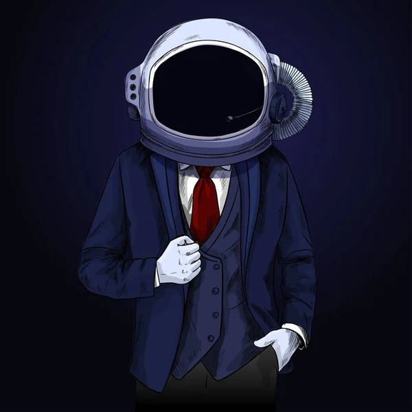 Homem elegante em suite com capacete espacial na cabeça — Vetor de Stock