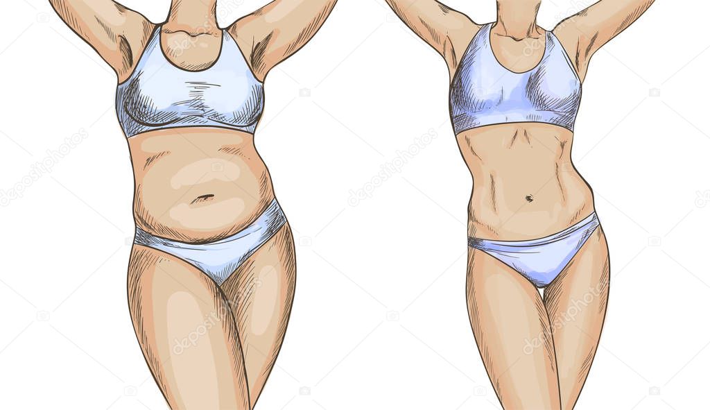 Before after collage with female body, weight loss