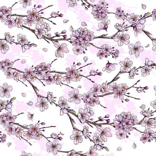 Sakura in bloom, seamless pattern, tender floral illustration