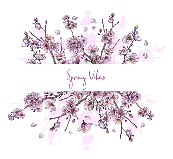 Sakura in bloom, horizontal banner, full color — Stock Vector