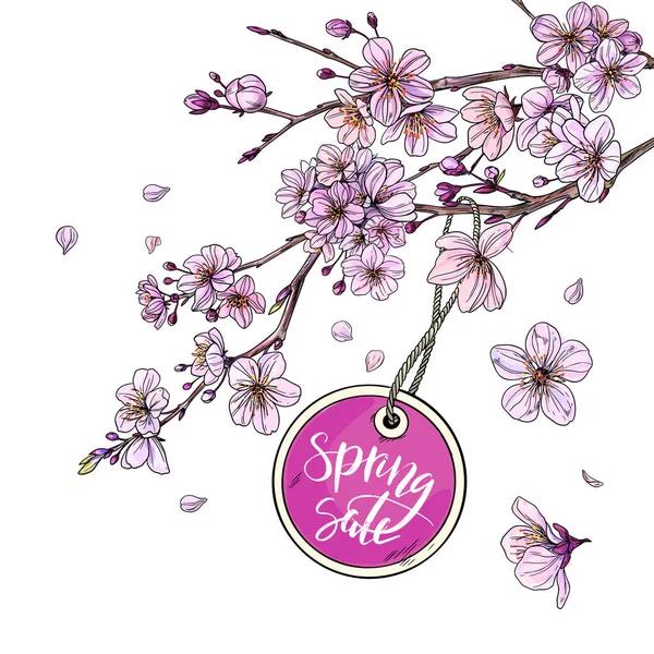 Round SPRING SALE tag est accroché à la branche sakura — Image vectorielle