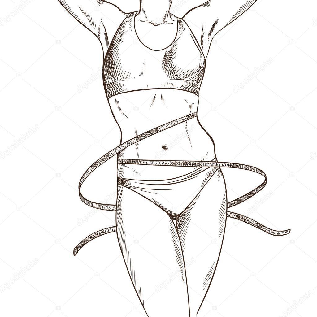 Slim woman body with measuring tape, hand drawn