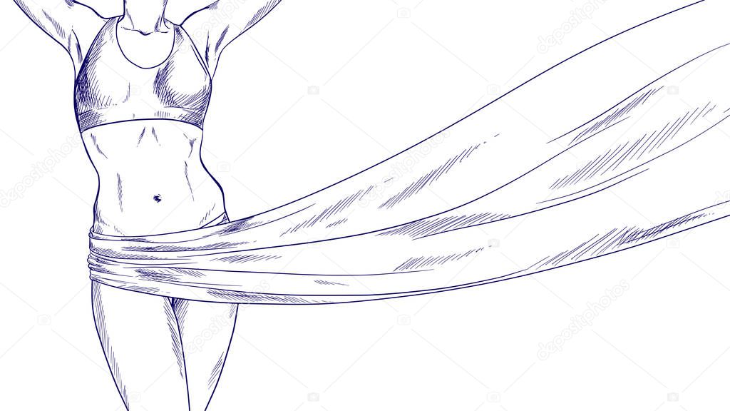Young slim female body with flying blue fabric 