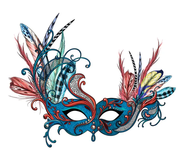 Masque de carnaval de luxe avec plumes, couleur dessinée à la main — Image vectorielle