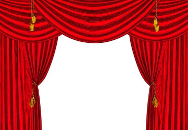 Altın püsküllü kırmızı kadife perdeler, beyaz bg