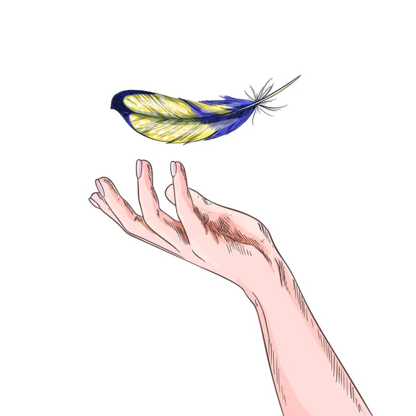 Piuma d'uccello sta cadendo sul palmo della mano delle ragazze — Vettoriale Stock