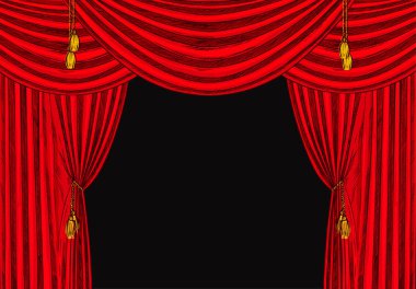 Altın püsküllü kırmızı kadife perdeler, siyah bg