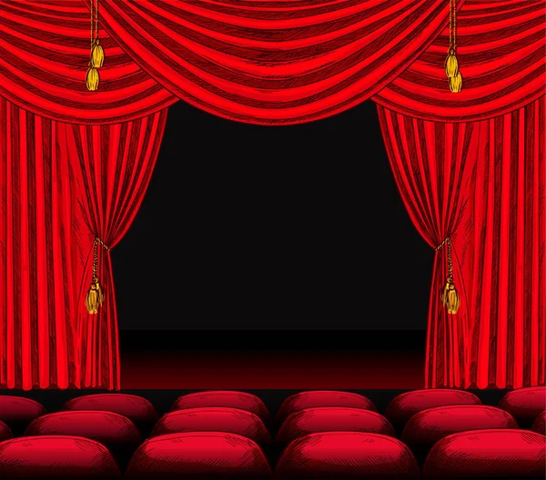 Teatro auditorio, cortinas de terciopelo rojo, borlas de oro — Vector de stock