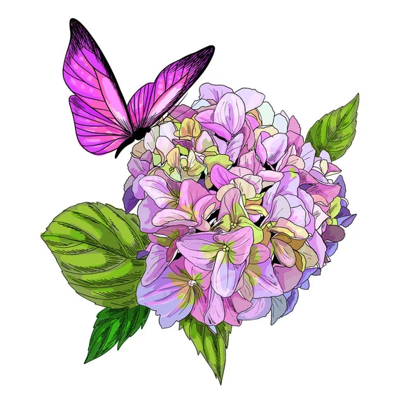Papillon sur fleur avec feuilles, croquis en couleur — Image vectorielle